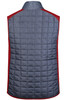 A men's knitted hybrid vest in grey with red accents, featuring a quilted design and a back view.