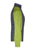 A knitted hybrid jacket featuring a dark grey quilted body and vibrant green sleeves, with a logo present.