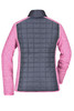 A ladies' knitted hybrid jacket featuring a grey quilted back and pink sleeves, with a collar and a logo.