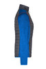 A grey and blue ladies knitted hybrid jacket features a padded body and a smooth sleeve design. It has a logo present.