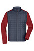 A hybrid jacket featuring a navy quilted front and red knitted sleeves, with a central zip and no hood.