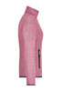 A pink knitted fleece jacket featuring a high collar and zippered pocket on the side, with a logo on it.