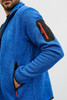 A men's knitted fleece jacket in bright blue, featuring black accents and zipped pockets.