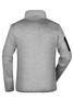 A grey knitted fleece jacket with a collar and a black patch on the sleeve, featuring a simple design.