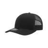 A black six-panel mid-profile structured trucker cap with a mesh back and a logo.