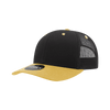 A black and yellow 6-panel mid-profile structured trucker cap with a mesh back and a logo.