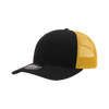 A black cap with a yellow mesh back and a structured design, featuring a logo on the front.
