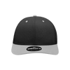 A structured trucker cap featuring a black body and a grey brim, with a logo on the front.