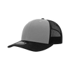 A structured trucker cap featuring a grey front and black mesh sides, with a logo on the front.
