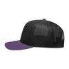 A black and purple 6 panel mid profile structured trucker cap with a mesh back and a curved brim.