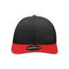 A black and red 6-panel mid-profile structured trucker cap with a branded logo on the front.