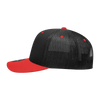 A black and red 6 panel mid-profile structured trucker cap with a mesh back and a logo.