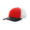 A red and white structured trucker cap with a black visor, featuring a logo on the front.