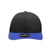 A black and blue 6-panel mid-profile structured trucker cap with a logo on the front.