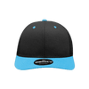 A black trucker cap with a blue brim and a logo on the front.