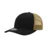 A black and khaki 6 panel mid profile structured trucker cap with a mesh back and a logo.