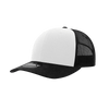 A white and black structured trucker cap with a mesh back and a rounded peak. It features a logo on the front.