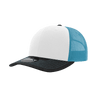 A structured trucker cap featuring a white front panel, turquoise mesh sides, and a black brim. It has a logo.