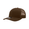 A brown 6-panel mid-profile structured trucker cap with a mesh back and a logo on the front.