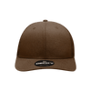 A brown structured trucker cap with a curved peak and a logo tag on the front.