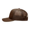 A brown 6-panel mid-profile structured trucker cap with a mesh back and a curved brim.