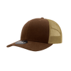 A brown 6 panel mid profile structured trucker cap with a cream mesh back and a logo on the front.