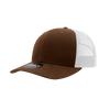 A brown 6-panel mid-profile structured trucker cap with a white mesh back and a logo on the front.