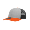 A grey and orange 6 Panel Mid Profile Structured Trucker cap with a mesh back and a logo on the front.