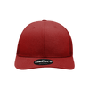 A red six-panel mid-profile structured trucker cap featuring a logo on the front.