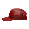 A red 6-panel mid-profile structured trucker cap with a mesh back and a rounded brim. It features a logo.