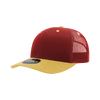 A red and yellow 6-panel mid-profile structured trucker cap featuring a mesh back and a brand logo.