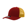 A red and yellow 6 Panel Mid Profile Structured Trucker cap with a mesh backing and a logo on the front.