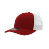 A red mid-profile structured trucker cap with a white mesh back and a decorative logo.