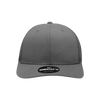 A grey 6-panel mid profile structured trucker cap with a branded tag on the front.