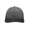 A grey structured trucker cap with a black peak and a logo on the front.