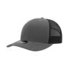 A grey 6 panel mid-profile structured trucker cap with a mesh back and a logo on the front.