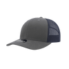 A grey trucker cap with a structured mid-profile design and mesh sides, featuring a logo on the front.