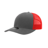 A grey trucker cap with a red mesh back and a curved brim, featuring a logo on the front.