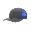 A grey cap with a blue mesh back and a structured mid-profile design. Features a logo on the front.