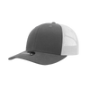 A grey mid-profile structured trucker cap with a white mesh back and a logo on the front.