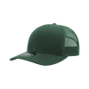 A green 6-panel mid-profile structured trucker cap featuring a mesh back and a fitted design.
