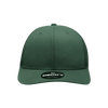 A green structured trucker cap featuring a mid-profile design and a logo on the front.
