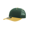 A green and yellow 6-panel mid-profile structured trucker cap with a mesh back and a branded tag.