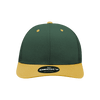 A green and yellow 6 Panel Mid Profile Structured Trucker cap with a logo on the front.