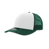 A green and white 6 panel mid profile structured trucker cap with a mesh back and a logo.