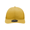 A structured trucker cap in a mustard yellow colour with an adjustable back and a logo on the front.