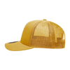 A structured mid-profile trucker hat in yellow with a mesh back and a rounded brim. Features a logo.