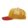 A structured trucker cap featuring a yellow front and red peak, with a mesh back and a logo.