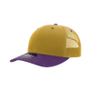 A structured trucker cap featuring a yellow front and a purple visor, with a mesh back and a logo.