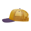 A yellow and purple 6 Panel Mid Profile Structured Trucker cap with a mesh back and a curved visor.